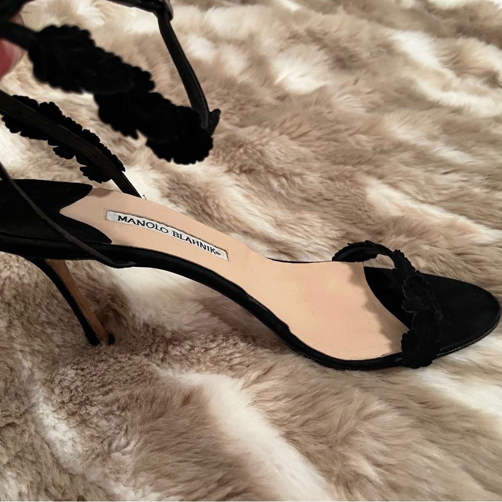 Barely Worn Manolo Blahnik Black Suede Stiletto Strappy Sandals.